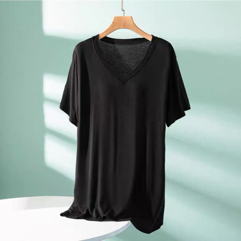 Built-in Bra Pads V-Neck tee shirt Stretchy Short Sleeve Top black Women's M/L